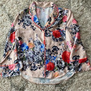 Victoria's Secret Satin Floral Pajama Top with Hot Pink Ribbing